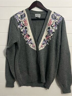 Vintage Koret 80s 90s Lambswool Angora Floral Embroidered Cardigan Sweater M